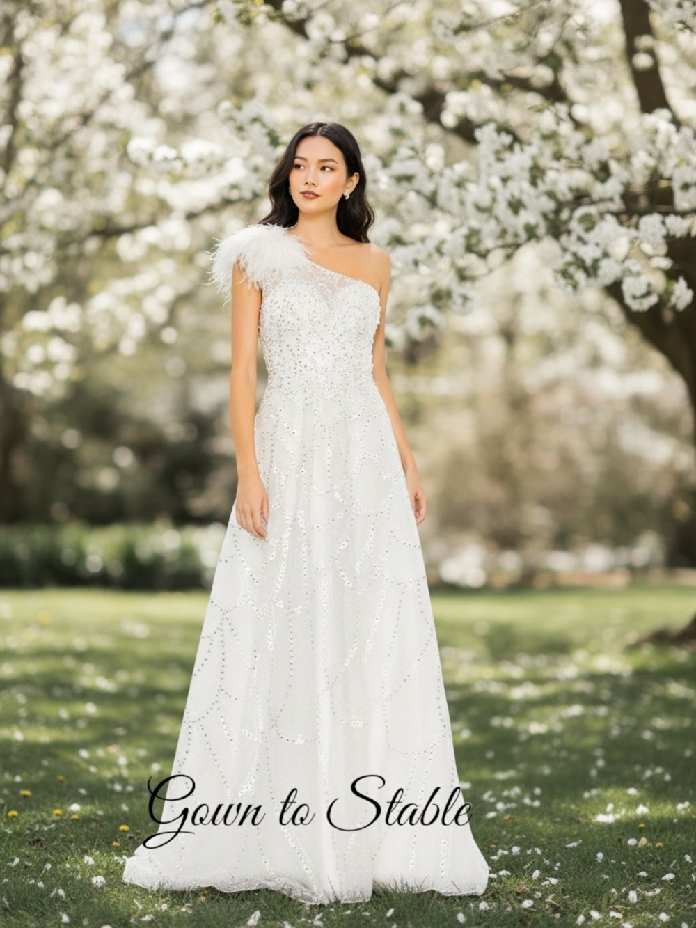 Mac Duggal White Embellished One Shoulder A Line Gown